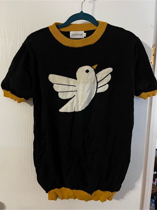 OXKnit Sweaters - Black & Mustard Bird Intarsia Crew Neck Sweater